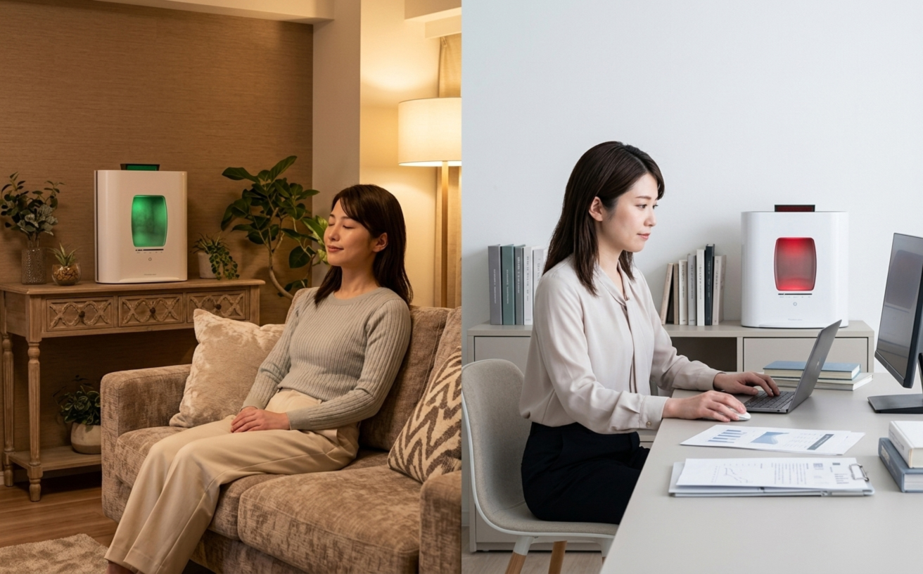 左は緑色に光るフィトンエアー NEXTでリラックスする女性、右は赤色に光るフィトンエアー NEXTのそばでデスクワークに集中する女性の対比写真