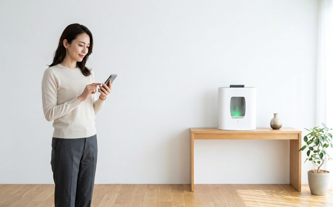 離れた場所からスマートフォンの専用アプリでフィトンエアー NEXTを操作する女性